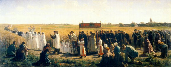 Sacramentsprocessie tijdens de bénédictions des blés (zegening van het koren) in Artesië, Jules Breton, 1857